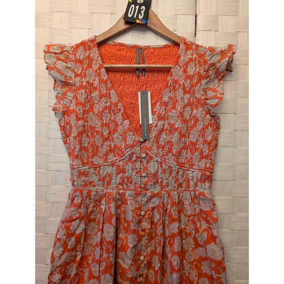 Anthropologie Ruffle Sleeve Smocked Midi Dress Orange Floral Button Front XXS - Picture 6 of 16